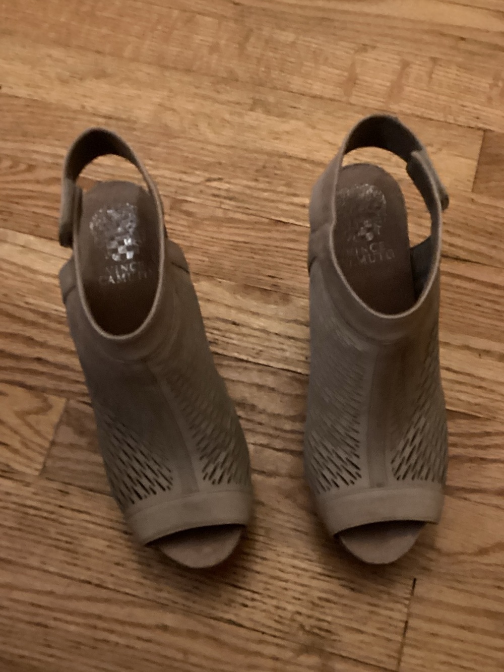 Vince Camuto Taupe Laser-Cut Peep-Toe Wedge Slingbacks size 7.5